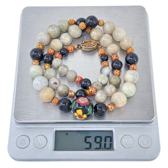 Estate Sterling Silver Jadeite & Onyx Necklace With Cloisonné Accent Beads 21" - Picture 7 of 7